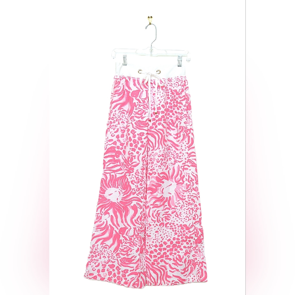 Lilly Pulitzer Beach Pant Get Spotted Wide Leg Linen Animal Print Pink Size XXS - Picture 3 of 9